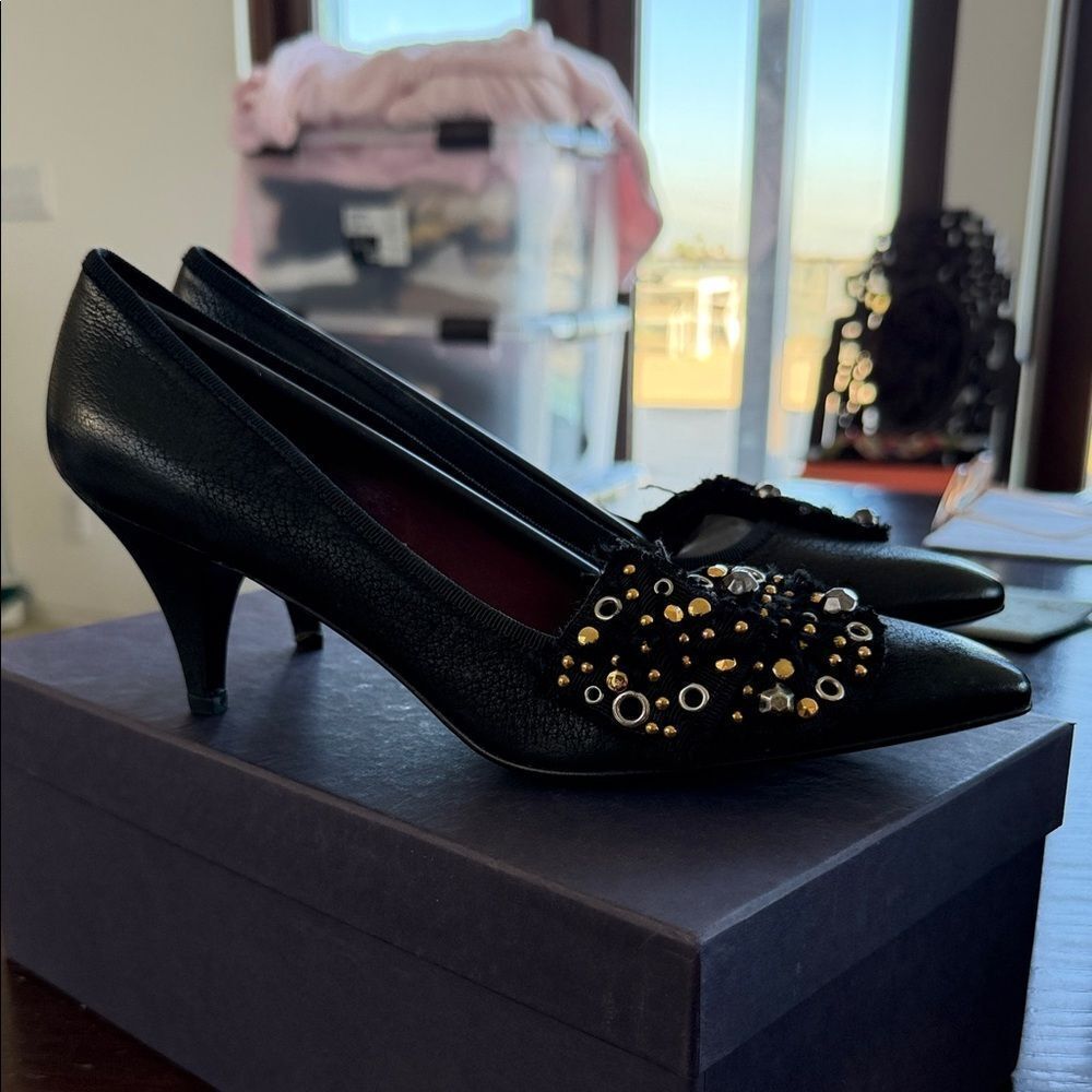 Prada Black Heels with Gold Embellishments 38.5